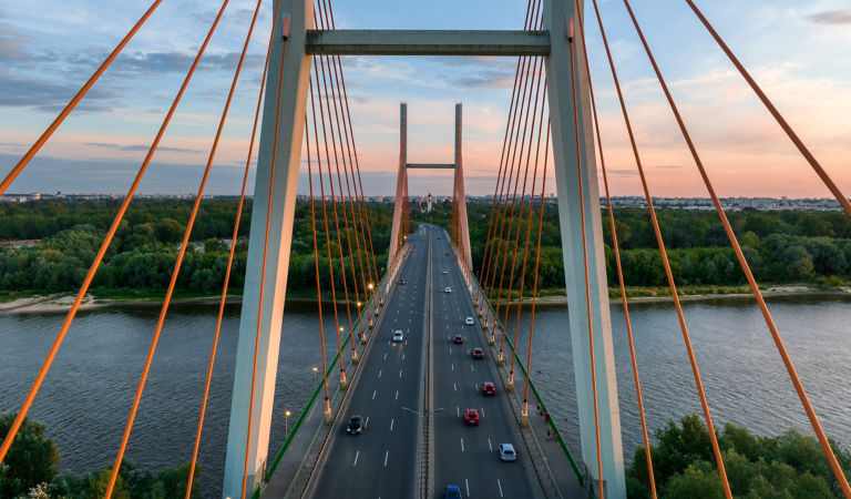 Drone photo of Siekierkowski Bridge  in Warsaw capital city during sundown