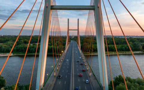 Drone photo of Siekierkowski Bridge  in Warsaw capital city during sundown
