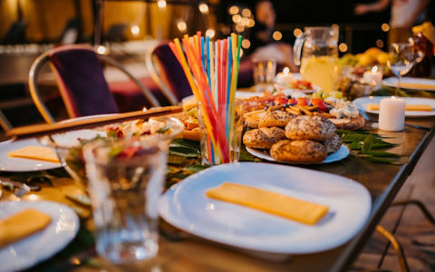 Food served on a table set outside, without people