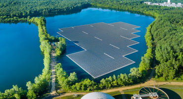 Aerial view of floating solar panels cell platform on the lake