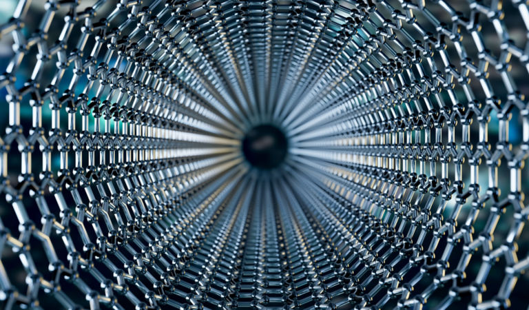 View of a graphene molecular nano technology structure on a blue background - 3d rendering