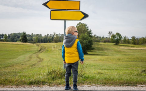 Little boy looking for road direction on a beautiful green plateau. Slovenia, Europe.