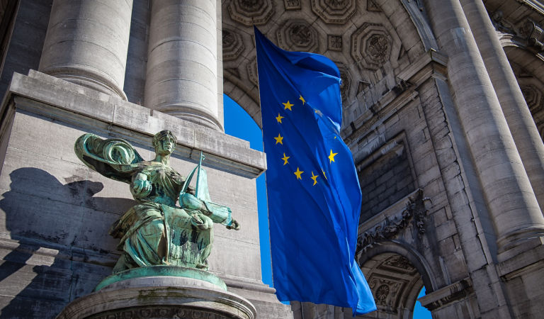 European flag waving at the arch of Jubel Park in Brussels,Belgium