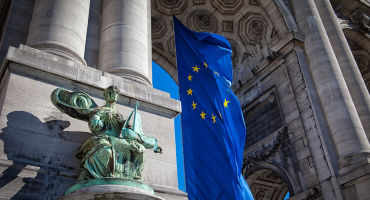 European flag waving at the arch of Jubel Park in Brussels,Belgium