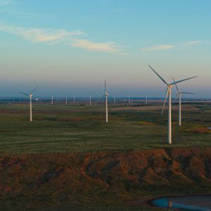 Windmills in field closeup